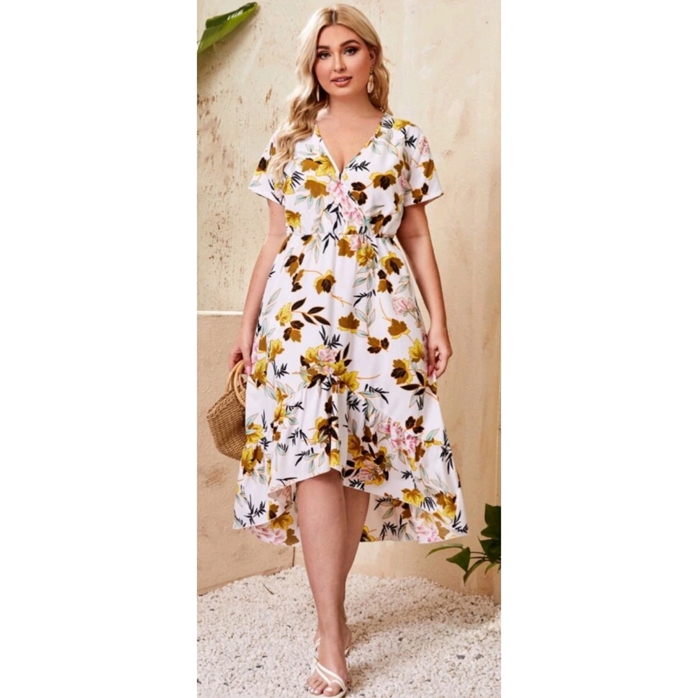 Plus Size Floral Wrap Ruffle Hem Dress